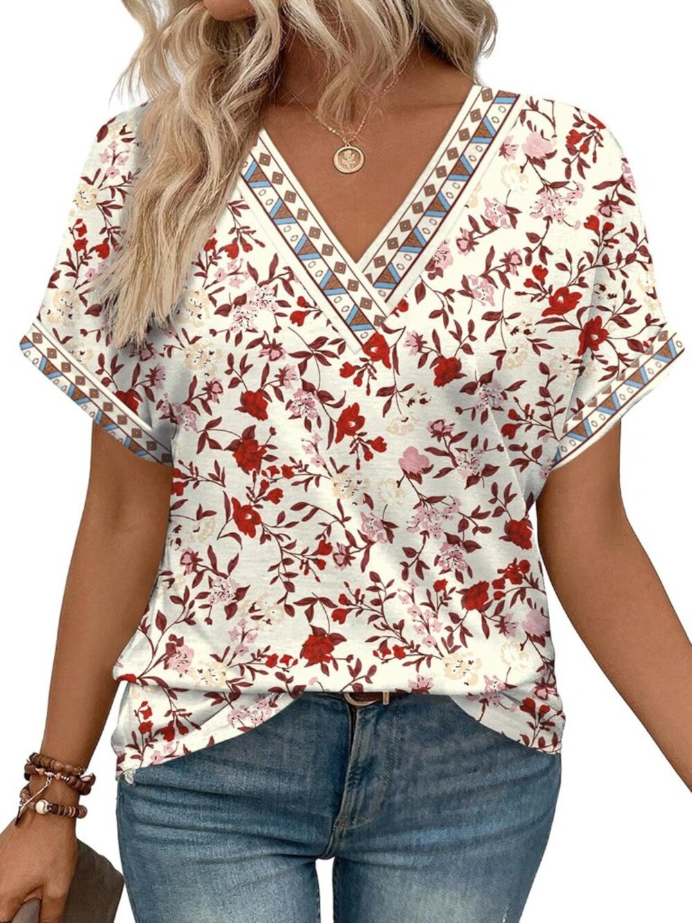 Women's Floral Red Short Dolmen Sleeve V Neck Outfits Clothes Top T Shirt